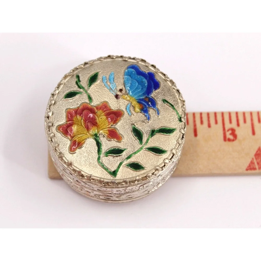 Vintage Chinese Cloisonne Enamel Trinket Pill Box mirror butterfly floral
